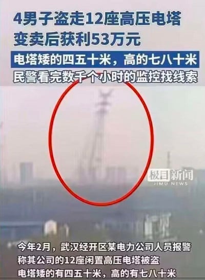 这是一则由极目新闻发布的社会新闻报道图，内容为：今年2月武汉经开区某电力公司报警，称12座闲置高压电塔被盗，这些电塔矮的有四五十米，高的可达七八十米，4名男子盗窃后变卖获利53万元，民警为破案查看了数千小时监控。图中用红圈标注了远处的高压电塔，背景为城市建筑，整体为图文结合的新闻报道形式，案件情况令人震惊。