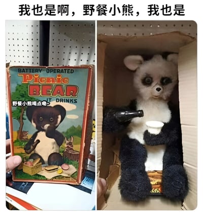 左右对比图展示了野餐小熊玩具的包装与实物的巨大反差。左侧是玩具包装盒，上面印有可爱的小熊在野餐场景中喝饮料的插图，旁边配有文字“野餐小熊喝点嘛~”；右侧是从包装盒中取出的实际玩具，造型诡异，眼神空洞，同样手持酒瓶和杯子。图片上方配有文字“我也是啊，野餐小熊，我也是”，暗示对这种理想与现实差距的共鸣。
