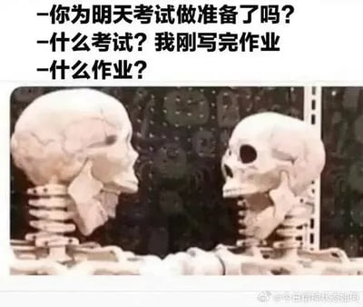 这张梗图采用顶配底文的图文混排结构，顶部是三段层层递进的搞笑对话：一方询问对方是否为明天的考试做了准备，对方茫然反问是什么考试，称自己刚写完作业，最后又出现一句“什么作业？”的疑问，底部搭配两个骷髅互相对视的画面，用夸张的“学到只剩骨头”的意象，生动调侃了大学生学业任务繁重、经常记混遗漏考试和作业安排、日常学习状态迷糊的真实情况，极具共鸣感和笑点。