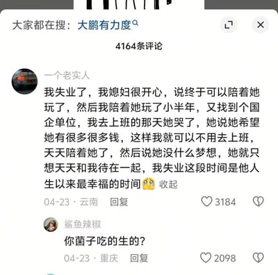 这是一张社交平台评论区截图，顶部显示搜索热词为“大鹏有力度”，共有4164条评论。第一条评论来自云南网友“一个老实人”，发布于4月23日，内容是分享自己失业后妻子十分开心，让自己陪她玩了小半年，后续自己找到国企工作上班当天，妻子哭着表示希望自己有很多钱，能让丈夫不用上班天天陪伴自己，还称自己没有别的梦想，只想和丈夫待在一起，失业这段时间是她人生最幸福的时光，该评论获赞3184。第二条是来自重庆的网友“鲨鱼辣椒”的回复，内容为“你菌子吃的生的？”，该评论获赞2098，用吃未煮熟野生菌会致幻的梗调侃前者的经历过于美好不真实，形成强烈的反差笑点。