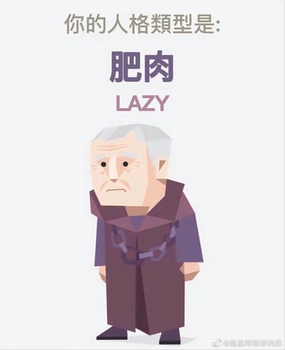 这是一张趣味人格测试结果类的图文混排图，顶部以文字明确标注“你的人格類型是: 肥肉 LAZY”，将“肥肉”与“懒惰（LAZY）”建立关联，用肥肉给人慵懒、厚重的直观感受来指代懒惰的人格特质。图中下方是一个原创卡通风格的白发老人形象，老人眉头微皱、表情沮丧，身着深紫色带锁链的长袍，身体佝偻着站立，整体姿态慵懒，视觉上呼应了“LAZY”的人格定义。图片右下角带有微博用户水印，表明内容来源。