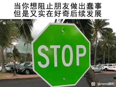 这是一张搞笑meme图，上方配有文字“当你想阻止朋友做出蠢事但是又实在好奇后续发展”，下方是一个被修改为绿色的STOP停止标志。正常情况下STOP标志为红色，代表“停止、阻止”，而绿色在交通标识体系里是“通行、允许”的含义，这个被改造的标志恰好对应了文字描述的矛盾心态：理智层面想要阻止朋友的愚蠢行为，如同喊出“STOP”的指令，但内心的好奇心又驱使自己期待事情推进，仿佛在默许事件继续发展，精准调侃了人们在面对这类场景时纠结、矛盾的心理状态。