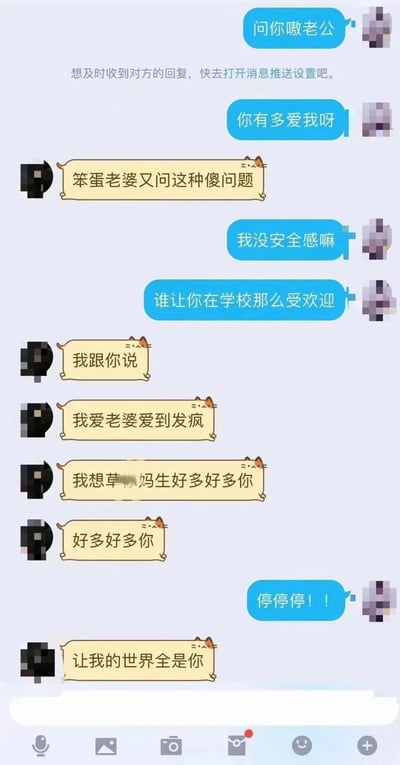 这是一张聊天记录截图，展示了一对情侣的甜蜜对话。女方连续发问："问你嗷老公"、"你有多爱我呀"，表达了自己的不安全感："我没安全感嘛"、"谁让你在学校那么受欢迎"。男方则用宠溺的语气回应："笨蛋老婆又问这种傻问题"，随后深情告白："我爱老婆爱到发疯"、"让我的世界全是你"。对话中男方有一句包含不文明用语的内容被部分打码处理。整个对话充满了年轻情侣间的甜蜜与温馨，展现了情侣间常见的关于安全感和爱意表达的互动。
