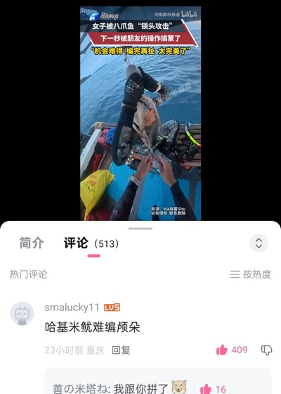 这是一张竖屏的B站社交媒体截图，上方是河南都市频道的趣味赶海视频：一名女子在渔船上被八爪鱼“锁头”缠住头部，配文调侃“机会难得 编完再扯 太完美了”，朋友的操作让人哭笑不得；下方是B站的评论区，用户smalucky11的热门评论“哈基米鱿难编颅朵”玩起谐音梗，将八爪鱼称为“哈基米鱿”，对应原视频的“机会难得编完颅朵（被锁的头部）”，结合当下“哈基米”的网络热梗，搞笑又贴合场景。

谐音梗说明：评论“哈基米鱿难编颅朵”是谐音“机会难得编完颅朵”，把八爪鱼（鱿）和“哈基米”热梗结合，玩了文字游戏，趣味拉满。