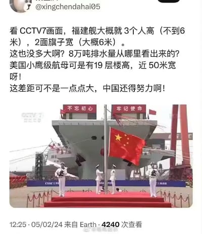 该图片为社交媒体截图，内容包含对中国福建舰尺寸的错误言论。截图上方是用户发布的文字，称从CCTV7画面得出福建舰仅3人高（不到6米）、2面旗子宽（约6米），并质疑其8万吨排水量，与美国小鹰级航母对比后认为差距大。下方配图为福建舰相关画面，可见舰上飘扬的中国国旗，以及站在红毯上的海军官兵，背景有“不忘初心”“牢记使命”的红色标语。