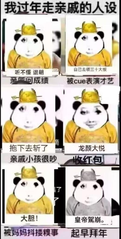 这是一组由6张熊猫头表情包拼接成的连环梗图，顶部标题为“我过年走亲戚的人设”，用皇帝的口吻和姿态对应过年走亲戚时的6种典型场景：
1. 面对亲戚问成绩，配文“听不懂 退朝”，表现出不耐烦想逃避的心态；
2. 被亲戚cue表演才艺时，配文“自己去领三十大板”，传递出抗拒的情绪；
3. 遇到亲戚小孩很吵闹时，配文“拖下去斩了”，用夸张的表达吐槽烦躁感；
4. 收红包时配文“龙颜大悦”，表现出开心的心情；
5. 被妈妈抖搂糗事时，配文“大胆！”，表现出尴尬又生气的反应；
6. 起早拜年时配文“皇帝駕崩”，用戏谑的方式表达早起的痛苦。整体用幽默夸张的方式贴合年轻人过年走亲戚的真实心态，充满戏谑感。
