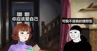 图片展示了一个室内场景，左侧是一位红发女性，穿着紫色高领毛衣，手持笔记本，表情平静略带忧郁，上方文字为“你应该爱自己”。右侧是一个简笔画风格的男性，戴着黑色帽子和连帽衫，表情面无表情，上方文字为“可我不是我的理想型”。背景中可以看到楼梯、书架和门口，形成一个生活化的场景。

图片通过两种不同绘画风格的人物对比，以及他们之间的对话，展现了现代人在自我认知与理想型之间的矛盾心理，反映了许多人对自己不够满意、无法达到自我期望的普遍情绪。