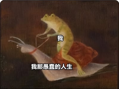 画面中一只黄绿色的青蛙正骑在一只背着红褐色外壳的蜗牛身上，青蛙呈站立姿态，前肢似握着什么东西。青蛙身体旁有白色文字“我”，蜗牛下方则有一行白色文字“我那愚蠢的人生”。背景为深棕色纹理，类似木板质感。整体风格如同在古典插画基础上添加了 meme 文字，通过青蛙骑蜗牛这一缓慢的意象，幽默自嘲人生如同被蜗牛驮着般迟缓或充满无奈。