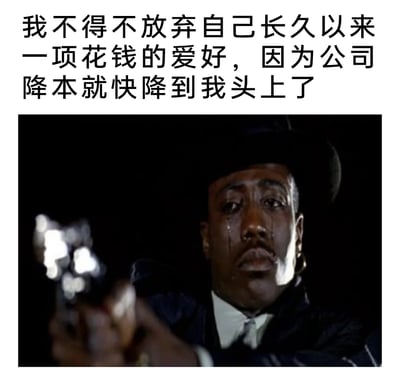这是一张结合影视截图与文字的职场主题表情包，上方配文“我不得不放弃自己长久以来一项花钱的爱好，因为公司降本就快降到我头上了”，下方是美国犯罪电影《纽约黑街》里尼诺·布朗泪流满面举枪的经典绝望镜头。悲伤的画面与无奈的文案相结合，精准表达出职场人在公司降本增效的压力下，为了避免被裁员，不得不忍痛放弃个人爱好的焦虑与心酸，能够引发职场群体的强烈共鸣。