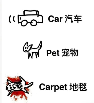 图片为白色背景的单图，包含三个垂直排列的涂鸦风格插图及对应文字标签。顶部是简笔画汽车，旁边标注“Car 汽车”；中间是简笔画小狗，标注“Pet 宠物”；底部是带有红色飞溅图案（类似血迹）的凌乱小狗涂鸦，标注“Carpet 地毯”。通过“Car”与“Pet”组合成“Carpet”的双关语，结合底部血腥涂鸦暗示宠物变成地毯，形成黑色幽默效果。