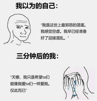 这是一张上下对比的漫画风格梗图，通过夸张的对比展现了一个人内心的矛盾。上图中，一个秃头人物表情严肃地宣称自己是"最邪恶的混蛋"，准备迎接混乱；下图中，同一个人却双手捂脸哭泣，表达只想被爱的简单愿望。这种强烈的反差产生了幽默和自嘲的效果，反映了现代人内心的复杂与矛盾。