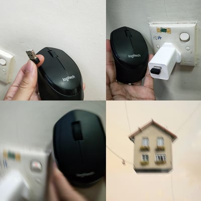 这是一组由四格画面组成的连环创意梗图，通过视觉错位和场景拼接制造趣味效果。第一格画面中，一只手握着黑色罗技无线鼠标，同时捏着配套的USB接收器；第二格画面展示将接收器插在白色充电头并接入墙面插座，手则持鼠标做出要“插入”插座的动作；第三格是鼠标靠近插座的模糊动态画面，模拟“插入”的瞬间；第四格画面利用视觉错位，将原本插座的位置替换成一栋带花箱的小房子，营造出“给房子插鼠标充电”的荒诞搞笑效果，巧妙利用近大远小的视觉错觉，把日常物品和建筑结合，制造出新奇的趣味场景。