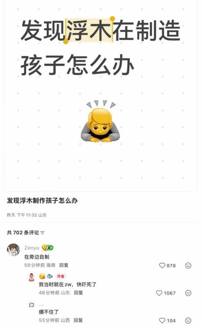 这是一张国内社交平台的提问及评论区截图，页面顶部以大号字体显示提问内容“发现浮木在制造孩子怎么办”，其中“浮木”是“父母”的谐音，文字下方配有一个趴在台面、头顶带有表示震惊的三角符号的小黄脸emoji，传递出慌张无措的情绪。下方显示该提问发布于山东，发布时间为前一天23:32，共有702条评论。热评区第一条为网友Zenyu回复“在旁边自制”，提问楼主随后回复称自己当时正在zw（自慰的拼音缩写），快吓死了，另有其他网友回复“绷不住了”，整体内容围绕谐音梗引发的社死经历展开，笑点十足。