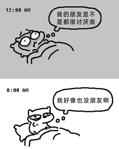 这是一张上下对比的卡通梗图，展示了一只猫咪在深夜和早晨的心理变化。上图（12:00 AM）中，猫咪睁大眼睛躺在床上，担忧地想：'我的朋友是不是都很讨厌我'。下图（8:00 AM）中，猫咪表情变得平静，意识到：'我好像也没朋友啊'。通过时间对比和心理转折制造幽默效果，反映了深夜焦虑与白天现实认知的反差。