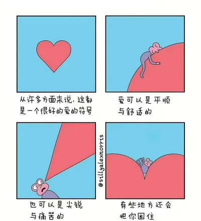 四格卡通漫画以蓝色为背景，通过红色爱心和粉色小人形象探讨爱情的双重性。第一格：红色爱心居中，配文“从许多方面来说，这都是一个很好的爱的符号”；第二格：小人攀爬光滑的爱心曲面，文字“爱可以是平顺与舒适的”；第三格：小人面对爱心的尖锐边缘，表情惊恐，文字“也可以是尖锐与痛苦的”；第四格：小人被困在爱心的凹陷处，文字“有些地方还会把你困住”。漫画用简单形象隐喻爱情既有美好舒适的一面，也存在刺痛和束缚的现实。