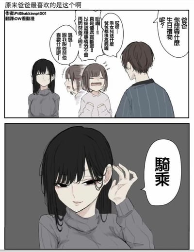 这是一幅两格日式原创短漫，第一格中爸爸温柔询问女儿想要什么生日礼物，女儿害羞地表示想送爸爸心仪的礼物，还吐槽爸爸优柔寡断，让爸爸直接说出喜好；第二格中原本沉默的妈妈突然凑近，做出妩媚手势说出“骑乘”一词，这里的“骑乘”带有成人向暗示，和前一格温馨的家庭对话形成强烈反差，制造出荒诞又带点涩的搞笑效果，用荤段子打破了温馨氛围。