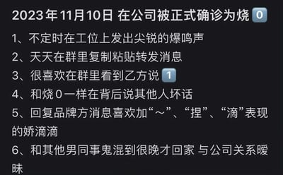 这是一张纯文字图片，以诊断书的形式列出了六项职场行为特征，标题为"2023年11月10日 在公司被正式确诊为烧0"。内容描述了一些办公室常见行为，如在工位发出声音、群聊互动习惯、与同事关系等，带有幽默调侃的语气。