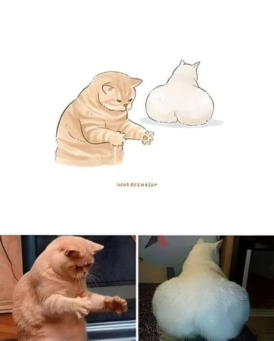 图片上半部分是水彩风格的插画，左侧为一只胖乎乎的橘猫双手合十坐立，表情淡定；右侧为一只白猫的背影，突出圆润的臀部。插画下方标注"watercolor"字样。图片下半部分是两张真实猫咪照片，左侧为一只现实中的橘猫摆出与插画中相似的坐姿，右侧为一只白猫的背影，其臀部形状与插画中的白猫高度相似，形成艺术创作与现实场景的有趣对比。