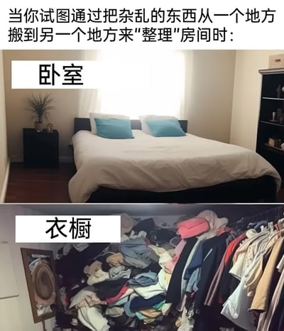 这是一张上下拼接的对比图，上方区域标注“卧室”，呈现出一间整洁的卧室：床铺整理平整，床上用品摆放有序，房间内地面和家具干净整洁，视觉上给人舒适的感觉；下方区域标注“衣橱”，则展示了一个被各类衣物堆满、杂乱无章的衣橱，衣物随意堆叠、悬挂，毫无秩序可言。图片顶部的文字“当你试图通过把杂乱的东西从一个地方搬到另一个地方来‘整理’房间时”，精准点出了这张图的核心——调侃一种敷衍的“整理”行为：仅仅是把显眼区域的杂乱物品转移到隐蔽的空间，并没有真正对物品进行收纳整理，只是营造出卧室整洁的假象，引发有类似经历的人的共鸣。