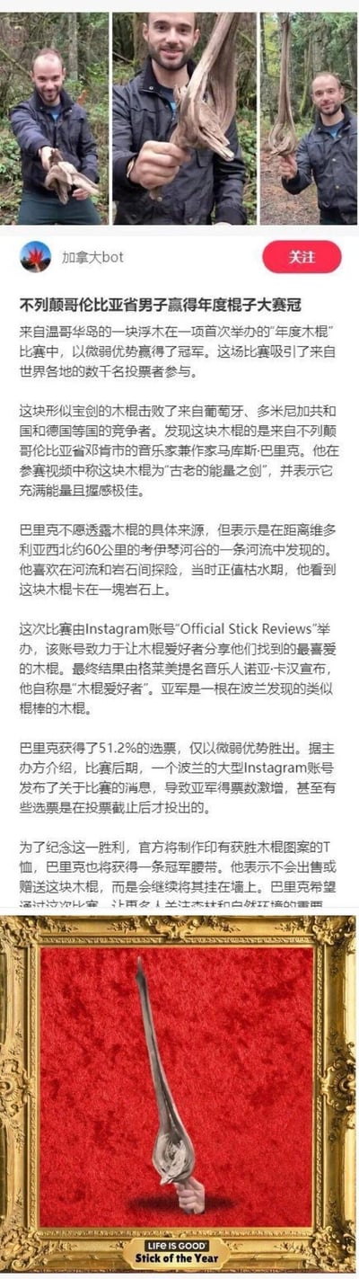 社交媒体截图，内容为“加拿大bot”发布的新闻，包含三张男子手持木棍的照片及详细文字报道。照片中男子面带微笑展示一块形似宝剑的木棍，文字部分介绍该男子（巴里克·里托）在首次举办的“年度木梗”比赛中夺冠，包括比赛背景、竞争者、投票过程及后续纪念周边等信息，底部配有带金色边框的木棍特写图。