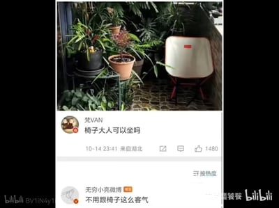 图片上半部分是一个小型花园场景，摆放着多盆绿植，包括绿萝、蕨类等，地面铺有石砖，角落里有一把白色椅子，椅背上有一个红色标记。下半部分是社交媒体帖子截图，用户“梵VAN”发布内容“椅子大人可以坐吗”，配文时间为10-14 23:41，来自湖北，获1480个点赞。下方有“无穷小亮微博”的回复“不用跟椅子这么客气”。整体通过将椅子拟人化，用“大人”这一对长辈的尊称来称呼椅子，营造出一种幽默诙谐的效果，展现了网友的趣味互动。