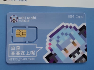 这是一张大祥移动（saki.mobi）推出的定制SIM卡，卡面以淡蓝色为底色，整体采用像素风格设计：左上角是Q版像素二次元角色，右侧是放大的像素化二次元角色形象；右上角标注"SIM Card"字样，中间是标准的SIM卡芯片卡槽；左下角以对话框样式呈现文字"真是高高在上呢"，同时印有品牌官方网址https://saki.mobi。卡身设计融合了二次元像素元素，充满趣味感，面向二次元爱好者群体。