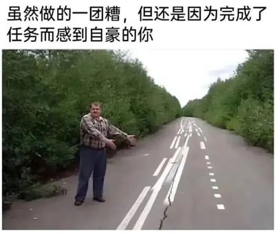 图片展示了一位中年男子站在一条乡间小路上，他面带微笑，双臂张开，做出展示的姿势。道路中央的白色分隔线画得非常歪扭、不规整，显然是随意涂抹而成。图片上方配有文字：'虽然做的一团糟，但还是因为完成了任务而感到自豪的你'，通过男子自豪的表情与糟糕的工作成果形成鲜明对比，幽默地表现了人们有时尽管工作质量不高，但仅仅因为完成了任务就感到满足的心态。
