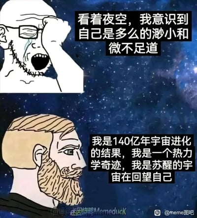 这是一张上下对比的卡通meme图，背景是布满繁星的深邃夜空。上图是一个戴眼镜的卡通人物，单手捂脸，脸上带有泪痕，嘴巴大张，神态崩溃沮丧，配文传递出在浩瀚宇宙面前，个体感到渺小、微不足道的自卑消极心态；下图是一个留着络腮胡的卡通人物，侧脸望向远方，眼神坚定沉稳，配文则展现了完全相反的积极自我认知——将自身定义为140亿年宇宙进化的产物，是热力学奇迹，更是宇宙借由人类的存在回望自身，两幅图的内容形成强烈反差，探讨了人类面对宏大宇宙时的不同自我定位与心态。