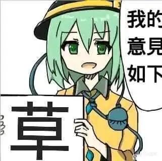 图中是《东方Project》中的角色古明地恋，她有着绿色短发，戴着黄色帽子，脸上露出夸张激动的表情，双手举着一块写有大字“草”的牌子，旁边的对白气泡标注着“我的意见如下”。
这里的“草”是中文网络常用的热词，是“卧槽”的简略写法，用来表达吐槽、无语、震惊等强烈情绪，用一个字来作为全部意见，形成了搞笑的反差效果，适合在聊天中用来快速表达强烈的情绪态度。