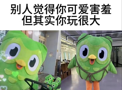 这张图片通过左右对比的方式，展示了一个绿色猫头鹰吉祥物的反差形象。左侧图片中，猫头鹰带着可爱的表情，周围有爱心特效，显得害羞乖巧；右侧图片中，同一个猫头鹰被绳子捆绑，表情惊讶兴奋，展现出截然不同的狂野一面。图片上方配有文字"别人觉得你可爱害羞 但其实你玩很大"，幽默地表达了人们外表与内心的反差。