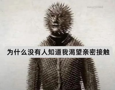 图片中展示了一个全身覆盖尖刺的人物，形似刺猬。人物表情平淡，面无表情地站立着。图片中间有一行文字："为什么没有人知道我渴望亲密接触"，形成了强烈的反差和讽刺效果 - 一个外表布满尖刺、让人无法靠近的人，内心却渴望亲密接触。