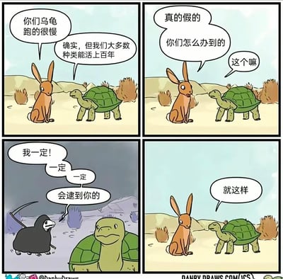 四格漫画描绘了兔子和乌龟的对话。第一格兔子说："你们乌龟跑的很慢"，乌龟回应："确实，但我们大多数种类能活上百年"。第二格兔子惊讶地问："真的假的 你们怎么办到的"，乌龟神秘地说："这个嘛"。第三格出现死神形象，对乌龟说："我一定！一定 一定会逮到你的"。第四格乌龟淡定地对兔子说："就这样"。漫画通过幽默方式解释了乌龟长寿的原因，暗示死神难以追上行动缓慢的乌龟。