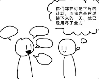 这是一张黑白线稿风格的卡通涂鸦图，画面呈现两个简笔画小人的互动场景：左侧小人周围环绕多个空白对话气泡，看起来正兴致勃勃地与他人交流下周的各类计划；右侧小人表面维持着微笑，看似在倾听交流，但其上方的想法气泡里写着“你们都在讨论下周的计划，而我光是熬过接下来的一天，就已经用尽了全力”。这幅图通过鲜明的状态反差，精准戳中当代人在工作或生活高压下的精神困境——无力规划长远未来，只能勉强应付当下的疲惫感，极易引发同类情绪人群的共鸣。