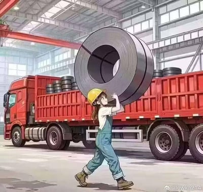这是一张AI生成的风格化卡通图像，画面中是一位戴着黄色安全帽、穿着蓝绿色背带工装的二次元萌系少女，正轻松地将现实中重达数吨的巨型钢卷扛在肩上，在工厂仓库内行走。背景是一辆装满同款钢卷的红色重型卡车，仓库环境还原了真实的工业场景。强烈的反差感——柔弱的二次元少女形象与超重型搬运任务的结合，制造出荒诞又搞笑的效果，打破了现实中重体力劳动的认知，充满创意。