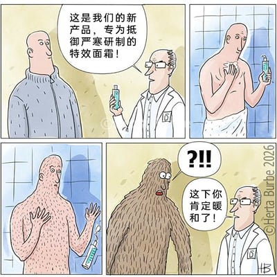 这是一则四格连环卡通漫画，讲述了一个充满荒诞幽默感的产品试用故事：第一格中，穿白大褂的研发人员向一名光头男子介绍一款专为抵御严寒研制的特效面霜；第二格中，男子在浴室里涂抹这款面霜；第三格中，男子惊讶地发现自己全身长出了细密的毛发，满脸不可置信；第四格中，男子彻底变成了浑身覆盖浓密长毛的形态，他一脸震惊地发出“?!!”的疑问，而研发人员却淡定地表示“这下你肯定暖和了！”，用夸张的身体变化恶搞了“御寒产品”的效果，制造出强烈的喜剧反差。