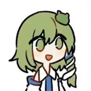 这是一张Q版风格的二次创作卡通图，图中角色是《东方Project》里的东风谷早苗，她有着标志性的绿色短发，头顶戴着青蛙造型的发饰，身穿带有蓝白领边的服饰，脸上洋溢着开心的笑容，一只手抓着自己的辫子，整体画风软萌治愈，非常适合用作社交聊天的表情素材。