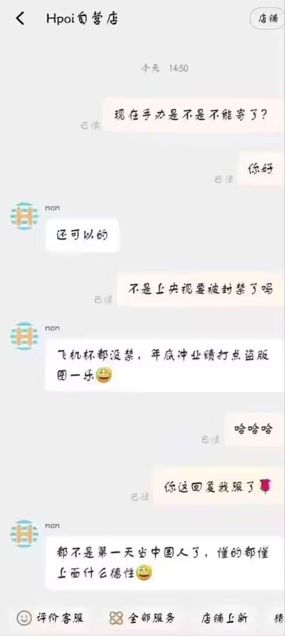 这是一段用户与Hpoi自营店客服的聊天记录截图，用户因网传手办上央视要被封禁的谣言，询问客服手办是否还能邮寄。客服以接地气的玩梗方式回应，称是年底冲业绩打击盗版的操作，还调侃飞机杯都没被封禁，对话轻松搞笑，戳中了网友对这类网络谣言的共鸣。