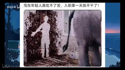 这是一张调侃职场刻板印象的梗图，上方配文吐槽“现在年轻人真吃不了苦，入职第一天就不干了！”，下方的画面是大象的后半部分身体，它的身体和尾巴在墙面上投出的影子恰好形似一个摆手转身离开的人。利用视觉错位的效果，制造出“年轻人跑路”的假象，以此讽刺那些对年轻人的刻板评价，用搞笑的方式消解这种偏见。