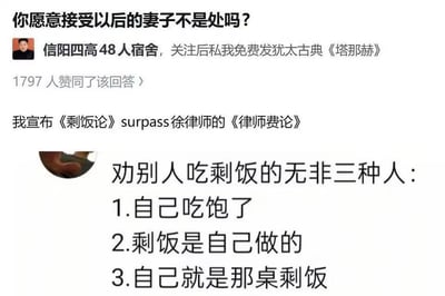 这是一张中文社交媒体问答截图，最上方是提问“你愿意接受以后的妻子不是处吗？”，一名带有特殊昵称的用户的回答获得了1797个赞同，下方有网友评论称《剩饭论》超过了此前的徐律师《律师费论》，随后展示了“剩饭论”的核心内容，将劝人接受伴侣过往感情经历的行为类比为劝人吃剩饭，列出了三类劝人吃剩饭的人群，是针对婚恋领域处女情结相关争议的玩梗回应。