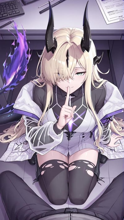 画面呈现了一位原创的二次元魅魔风格少女，她有着金色长发与黑色恶魔角，跪坐在办公桌下方，右手食指抵在唇边做出噤声动作，眼神带着狡黠的笑意，魅惑感十足。少女身着灰黑白配色的制服风格服装，搭配破洞过膝袜，身后还有燃烧着的紫色火焰状恶魔尾巴。背景可见办公桌的键盘与文件，营造出办公室私密小剧场的氛围，整体画风精致细腻，充满ACG魅惑感。