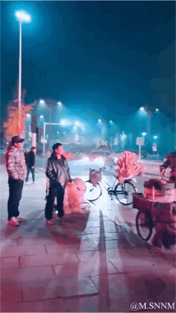 这是一段夜晚街头的动态GIF，画面呈现了一处有趣的视觉错觉：原本停在街边的自行车，在镜头的移动效果下，仿佛“变身”成了带有小吃推车的摊位，站在一旁的路人似乎正对此感到疑惑和好奇，整个场景充满了搞笑的反差感，通过简单的镜头技巧制造出趣味效果。