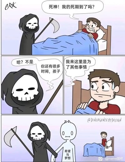 这是一幅四格卡通漫画，第一格卧病在床的男子看到持镰刀的死神站在床边，惊恐询问自己是不是死期已至；第二格死神回应他还能活很久；第三格死神说明自己来是为了其他事情，男子露出疑惑的神情；第四格揭晓答案，死神牵走了身上写着“希望与梦想”的白色小人，留下男子独自坐在床上，用荒诞的设定讽刺很多人虽然活着却已经失去了希望和梦想的现实状态，笑点意料之外又贴合当代人的情绪共鸣