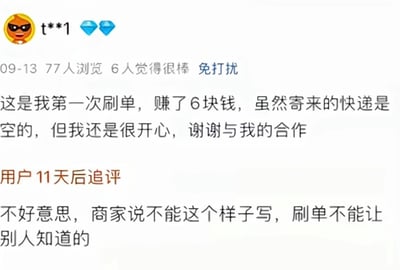 这是一张电商平台的用户评价截图，画面顶部显示发布评价的用户昵称为t**1，带有两个钻石等级标识，评价发布于9月13日，有77人浏览、6人点赞，状态为免打扰。用户首次评价称自己第一次刷单赚了6块钱，虽然收到的快递是空的也很开心，感谢合作；11天后用户追加评价，称商家告知不能这么写，刷单不能让别人知道。两段评价内容充满反差感，直白暴露刷单行为的同时显得十分憨厚好笑，充满荒诞的趣味。