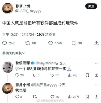 这是一张海外社交平台（界面类似Twitter/X）的帖子截图，用户「小懒」发布了一条带有调侃意味的内容：「中国人就是能把所有软件都当成约炮软件」，随后有匿名网友在评论区留言「求一个188肌肉帅哥和我来一炮🙏」，楼主「小懒」随即回复「我也要」，形成了搞笑的玩梗互动，整体是轻松戏谑的网络整活内容，没有双关、谐音梗等隐含内容。