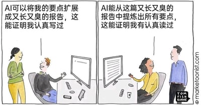 这是一组左右对比的连环卡通漫画，描绘了职场中员工利用AI工具应付工作的两种典型场景：左侧画面里，一名男性员工坐在办公椅上，对着身旁双臂交叉的女性同事摊开手，理直气壮地表示自己可以用AI把少量要点扩展成冗长的报告，以此假装自己认真完成了写报告的工作，此时他的电脑屏幕是空的；右侧画面里，一名女性员工坐在办公椅上，对着身旁站立的男性同事笑着说话，称自己可以用AI从冗长的报告里提炼要点，以此假装自己认真读完了报告，此时她的电脑屏幕上显示着满满的报告内容。这组漫画用讽刺的手法，展现了职场中部分员工借助AI工具走形式、假装完成工作任务的现象，戳中了职场中“应付式工作”的痛点。