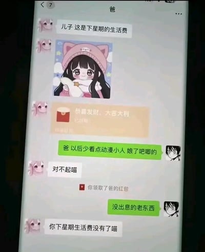 这是一张微信聊天记录截图，呈现了一段充满反转趣味的亲子对话：老爸先发消息告知儿子这是下周生活费，附带一张萌系动漫女孩表情包和微信红包；儿子领取红包后，嫌弃老爸用的表情包太“娘”，吐槽老爸“少看点动漫小人 娘了吧唧的”，在老爸用萌系语气回复“对不起喵”后，儿子更是口无遮拦地骂“没出息的老东西”；结果老爸立刻用同款萌系语气放话“你下星期生活费没有了喵”，瞬间反转局势，让儿子的嘴炮付出了代价，整个对话搞笑又真实，戳中了很多人对亲子间互怼日常的共鸣。