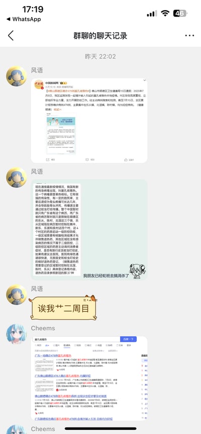 这是一张WhatsApp群聊的屏幕截图，群成员「风语」先后分享了中国新闻网发布的《佛山顺德区确诊478例基孔肯雅热》官方通报、补充了该疫情的病毒特点、防控措施细节，并提到朋友已轮班参与消杀工作，最后发送了带有「诶我艹二周目」字样的吐槽图；群成员「Cheems」则分享了百度搜索该疫情的结果页面，页面显示多条媒体报道均提及该疫情为境外输入引发，确诊病例均为轻症。整体呈现了社交群内传播、讨论地方突发疫情的场景。