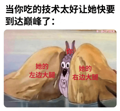 这张梗图上方有文字“当你吃的技术太好让她快要到达巅峰了：”，下方是一幅卡通截图，图中一只长耳朵的卡通狗从两个巨大的黄色物体之间探出头来，眼睛瞪得很大，表情惊讶。黄色物体上分别标注着“她的左边大腿”和“她的右边大腿”，卡通狗头上标注着“你”。通过夸张的视觉比喻和文字配合，形成幽默效果。