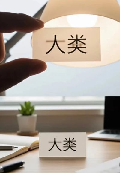 图片包含上下两个场景。上半部分显示一只手拿着写有“人类”二字的卡片，卡片被台灯的光线照亮；下半部分展示这张写有“人类”的卡片立在办公桌上，周围有笔记本电脑、打开的笔记本和小型绿植。整体画面简洁，通过不同场景展示同一卡片，形成对比效果。
