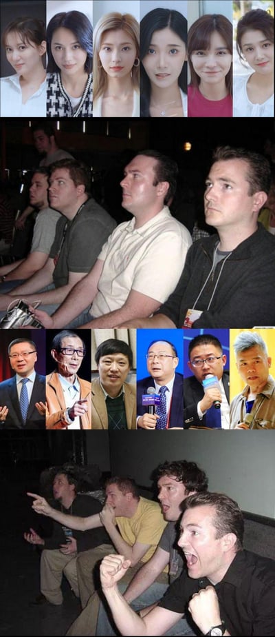 这是一张由四部分拼接而成的对比梗图：
1. 顶部是AI生成的6位风格各异的精致女性人像；
2. 第二行是几位外国男性观众，表情平淡、略显无聊地看向一侧；
3. 第三行是国内多位知名公共领域学者/评论员的公开活动照片；
4. 底部是同一批外国观众，呈现出激动亢奋的状态，做出握拳、张嘴、指向前方的夸张反应。
通过前后观众的反应反差，调侃不同内容对观众的吸引力差异，制造搞笑效果。